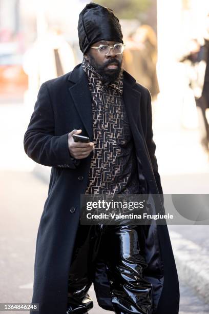 Cyprien Richiardi outside Jordanluca fashion show wearing Fendi shirt and leather pants during the Milan Men's Fashion Week - Fall/Winter 2022/2023...