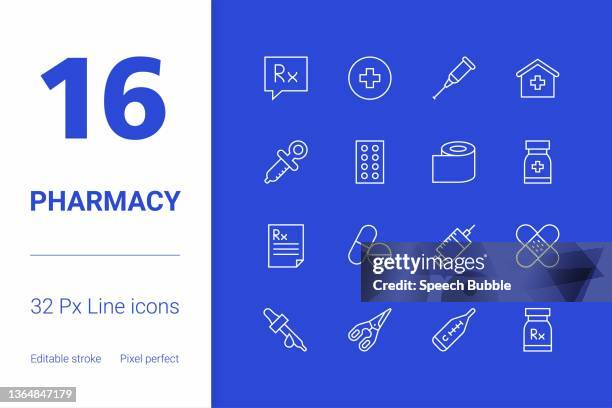 pharmacy, editable stroke line icon set, modern icon design. - birth control injection stock illustrations