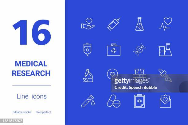 medical research, editable stroke line icon set, modern icon design. - lab flask vector stock illustrations