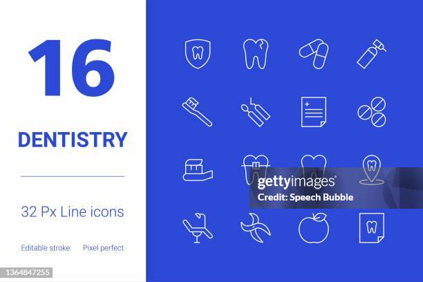 dentistry, editable stroke line icon set, modern icon design. - bite mark vector stock illustrations