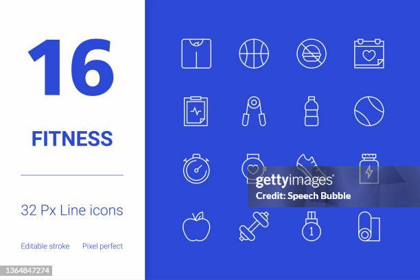 ilustraciones, imágenes clip art, dibujos animados e iconos de stock de fitness, conjunto de iconos de línea de trazo editable, diseño de iconos moderno. - barra de cereal