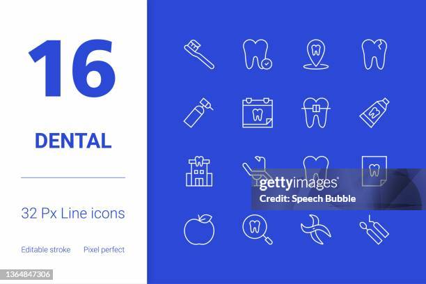 dental, editable stroke line icon set, modern icon design. - dentist's chair stock illustrations