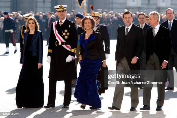 Princess Letizia of Spain, Prince Felipe of Spain, Queen Sofia of Spain, Spain's Prime Minister Mariano Rajoy and Spain's Minister of Defense Pedro...