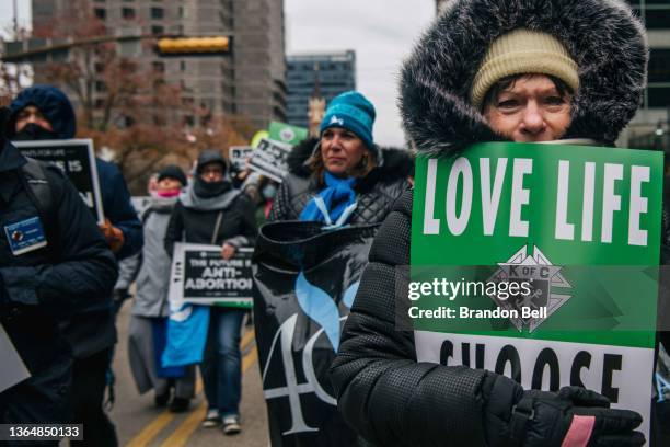 Pro-life demonstrators march during the "Right To Life" rally on January 15, 2022 in Dallas, Texas. The Catholic Pro-Life Community, Texans for Life...