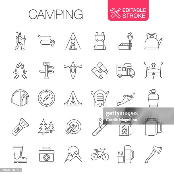 camping icons set editable stroke - fire pit outside stock illustrations