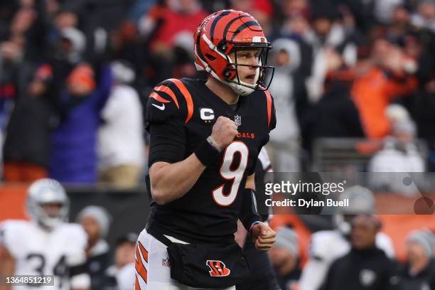 Quarterback Joe Burrow of the Cincinnati Bengals celebrates after throwing a first half touchdown pass against the Las Vegas Raiders during the AFC...