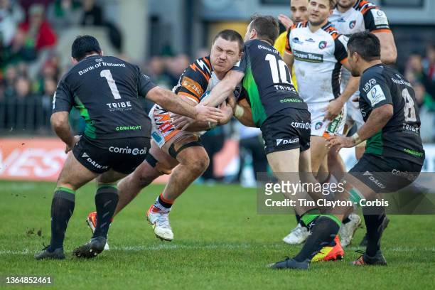 January 15: Jasper Wiese of Leicester Tigers is tackled by Jack Carty of Connacht and Matthew Burke of Connacht during the Connacht V Leicester...