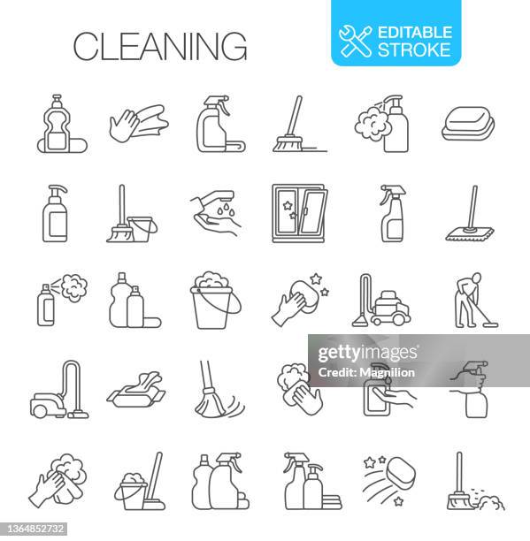 cleaning icons set editable stroke - spray on hand stock illustrations