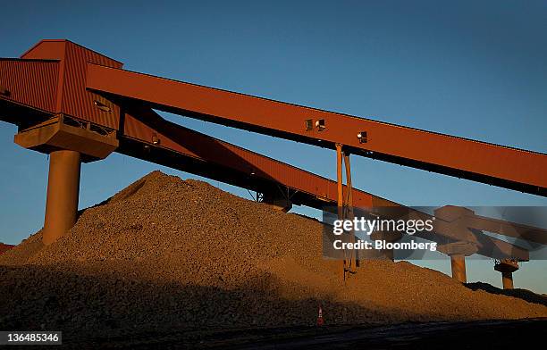 Shuttle conveyor transports taconite rock from the crusher to the Hibbing Taconite Co. Pellet manufacturing plant, operated by Cliff's Natural...