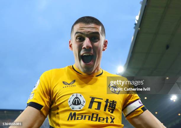 Conor Coady of Wolverhampton Wanderers celebrates after scoring their team's second goal during the Premier League match between Wolverhampton...