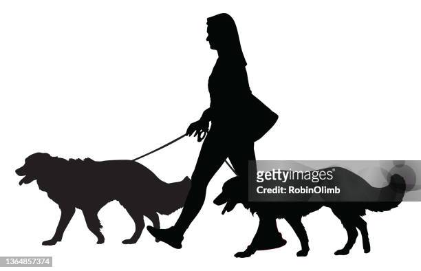 frau walking two dogs silhouette - junge frau allein stock-grafiken, -clipart, -cartoons und -symbole