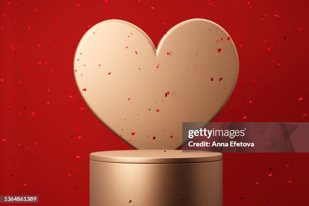 round golden podium with golden heart shape backdrop in red space with many falling small red hearts. concept of valentine's day celebration. perfect platform for showing your products. three dimensional illustration - falling in love stock-fotos und bilder