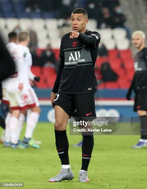 Kylian Mbappe of Paris Saint-Germain reacts during the Ligue 1 Uber Eats's game between Paris Saint-Germain and Brest at Parc des Princes on January...