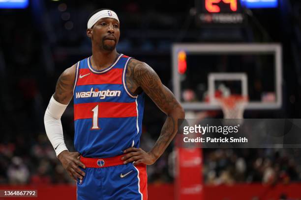Kentavious Caldwell-Pope of the Washington Wizards looks on against the Portland Trail Blazers during the first half at Capital One Arena on January...