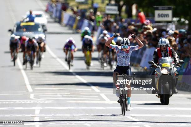 Nicole Frain of Australia celebrates at finish line as race winner during the Australian Cycling National Championships 2022 - Women's U23 and Elite...