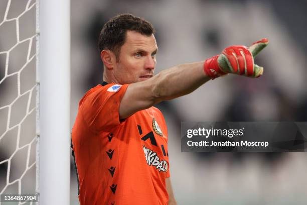 Daniele Padelli of Udinese Calcio reacts during the Serie A match between Juventus and Udinese Calcio at Allianz Stadium on January 15, 2022 in...