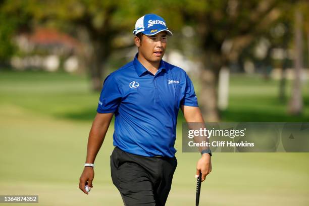 Hideki Matsuyama of Japan looks on from the 16th green during the third round of the Sony Open in Hawaii at Waialae Country Club on January 15, 2022...