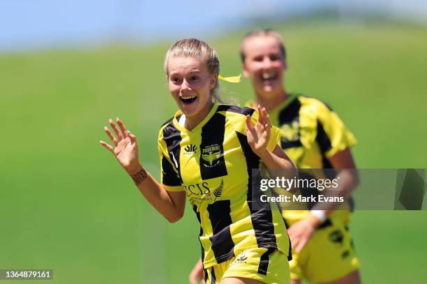 Alyssa Whinham of Phoenix celebrates a goal during the round seven A-League Women's match between Wellington Phoenix and Brisbane Roar at WIN...