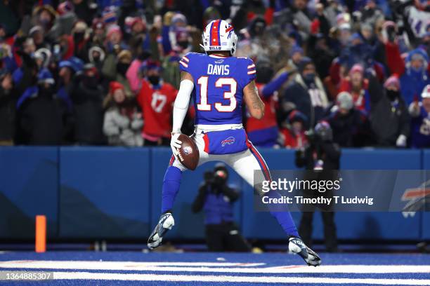 Gabriel Davis of the Buffalo Bills celebrates after scoring a touchdown against the New England Patriots during the fourth quarter in the AFC Wild...