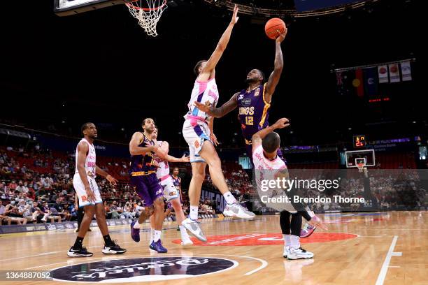 Jarell Martin of the Kings drives to the basket during the round seven NBL match between Sydney Kings and New Zealand Breakers at Qudos Bank Arena on...