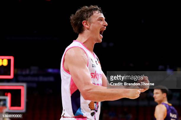 Finn Delany of the Breakers reacts during the round seven NBL match between Sydney Kings and New Zealand Breakers at Qudos Bank Arena on January 16...