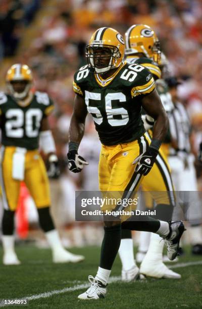 Hardy Nickerson of the Green Bay Packers runs off the field during the game against the Cleveland Browns at Lambeau Field on August 26,2002 in Green...