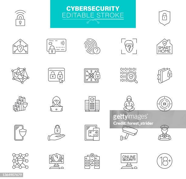 illustrations, cliparts, dessins animés et icônes de icônes de cybersécurité trait modifiable. contient des icônes telles que système de sécurité, antivirus, confidentialité, empreinte digitale - spam