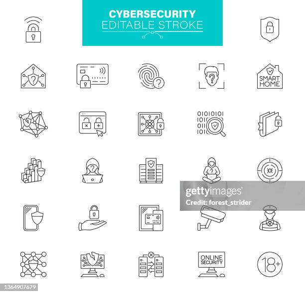 cybersecurity icons editable stroke. contains such icons as security system, antivirus, privacy, fingerprint - authentication-icon stock illustrations