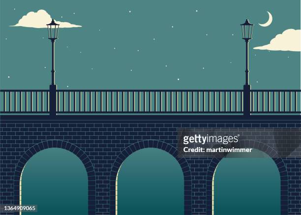 illustrazioni stock, clip art, cartoni animati e icone di tendenza di poster vintage ponte in pietra al tramonto - bridge
