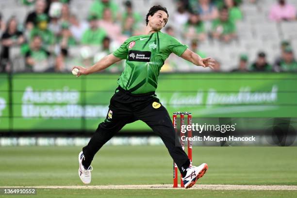 Nathan Coulter-Nile of the Stars bowls during the Men's Big Bash League match between the Melbourne Stars and the Brisbane Heat at Melbourne Cricket...