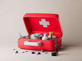 Simple open red first aid kit with with medicines for drugstore category on floor 3d render illustration.