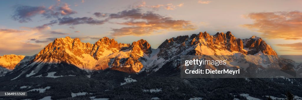 Sunrise at Idyllic alpine scenery, Wilder Kaiser, Austria, Tirol - Kaiser Mountains, XXXL Panorama