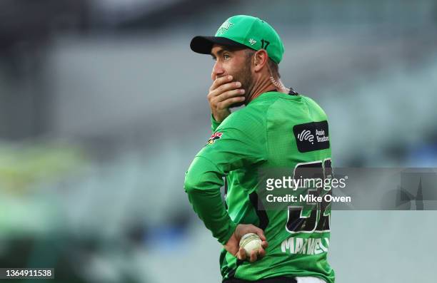 Glenn Maxwell of the Stars reacts after catching out Sam Heazlett of the Heat during the Men's Big Bash League match between the Melbourne Stars and...