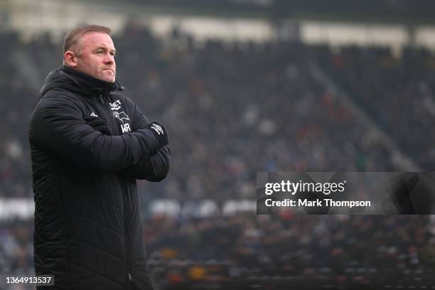 Wayne Rooney, manager of Derby County looks on during the Sky Bet Championship match between Derby County and Sheffield United at Pride Park Stadium...