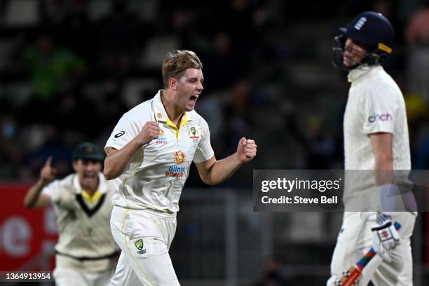Cameron Green of Australia celebrates after claiming the wicket of Zak Crawley of England during day three of the Fifth Test in the Ashes series...