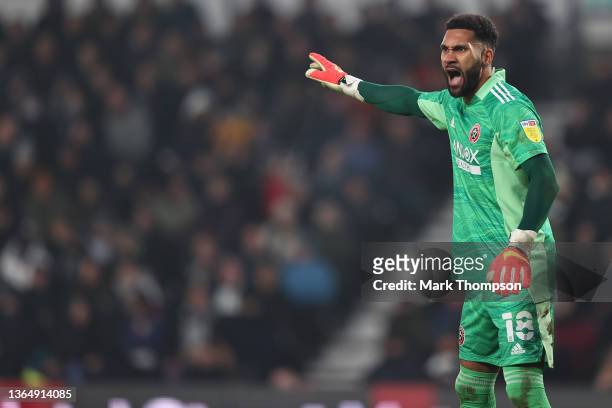 Wes Foderingham of Sheffield United in action during the Sky Bet Championship match between Derby County and Sheffield United at Pride Park Stadium...
