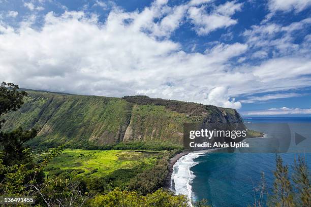 high angle view of waipio valley in hawaii - waipio valley stock-fotos und bilder