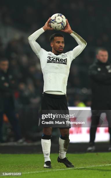 Natahan Byrne of Derby County in action during the Sky Bet Championship match between Derby County and Sheffield United at Pride Park Stadium on...