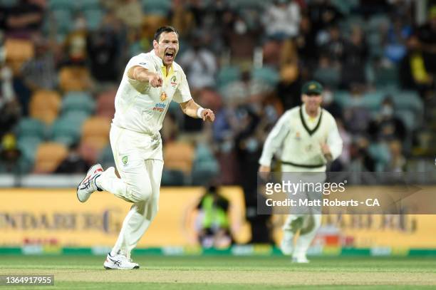 Scott Boland of Australia celebrates the wicket of England captain Joe Root during day three of the Fifth Test in the Ashes series between Australia...