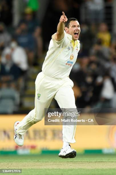 Scott Boland of Australia celebrates the wicket of England captain Joe Root during day three of the Fifth Test in the Ashes series between Australia...