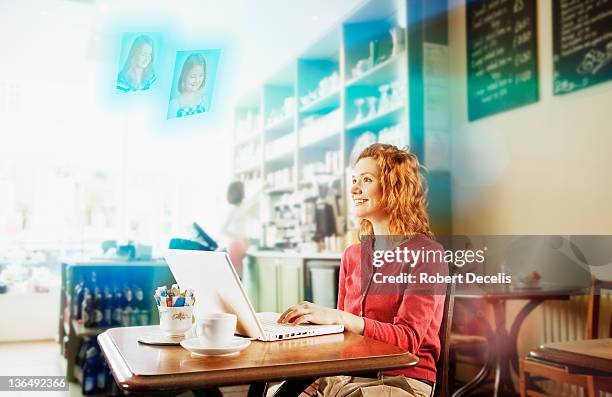 woman using lap top to communicate with family - newfriendship stock pictures, royalty-free photos & images