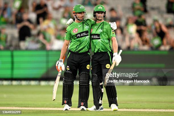 Marcus Stoinis and Hilton Cartwright of the Stars celebrate the Stars winning the Men's Big Bash League match between the Melbourne Stars and the...