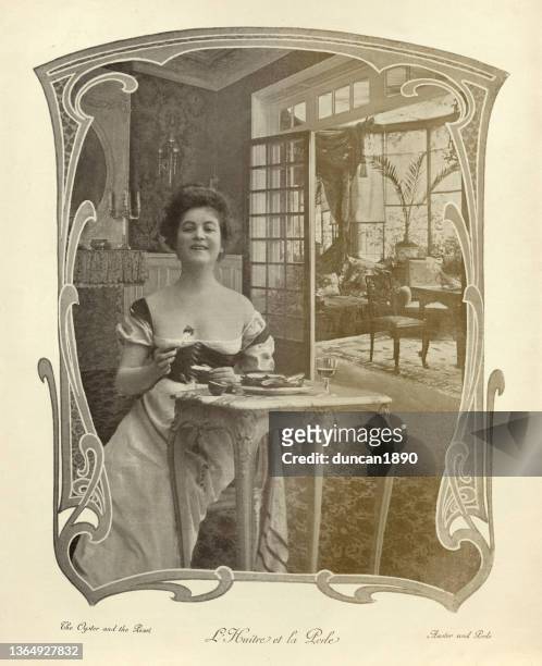 stockillustraties, clipart, cartoons en iconen met victorian photomontage of young woman eating oysters. oyster and the pearl, 19th century - oyster pearl