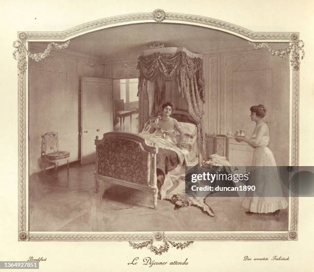 maid bringing a young woman breakfast in bed, victorian 19th century - woman hotel room stock illustrations