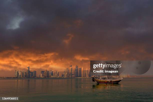 doha skyline - dhow qatar stock pictures, royalty-free photos & images