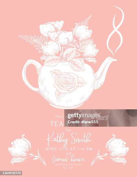 tea party invitation template with a teapot and botanical style flowers - tea cup vector stock illustrations