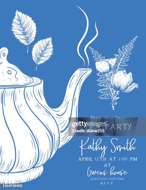 tea party invitation template with a teapot and botanical style flowers - blue teapot stock illustrations