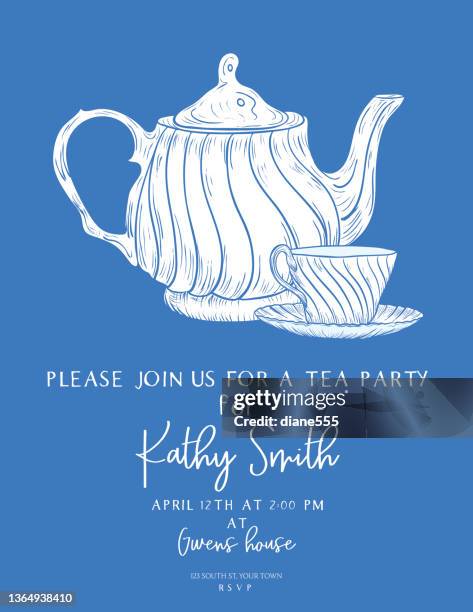 tea party invitation template - blue teapot stock illustrations