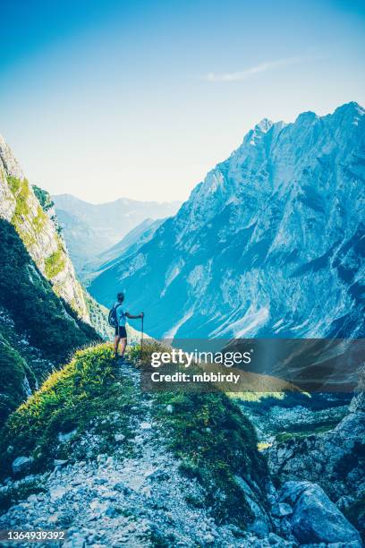 bergsteigerwanderung am sommerlichen frühen morgen - julianische alpen stock-fotos und bilder