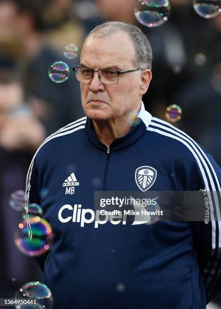 Marcelo Bielsa, Manager of Leeds United walks out prior to the Premier League match between West Ham United and Leeds United at London Stadium on...